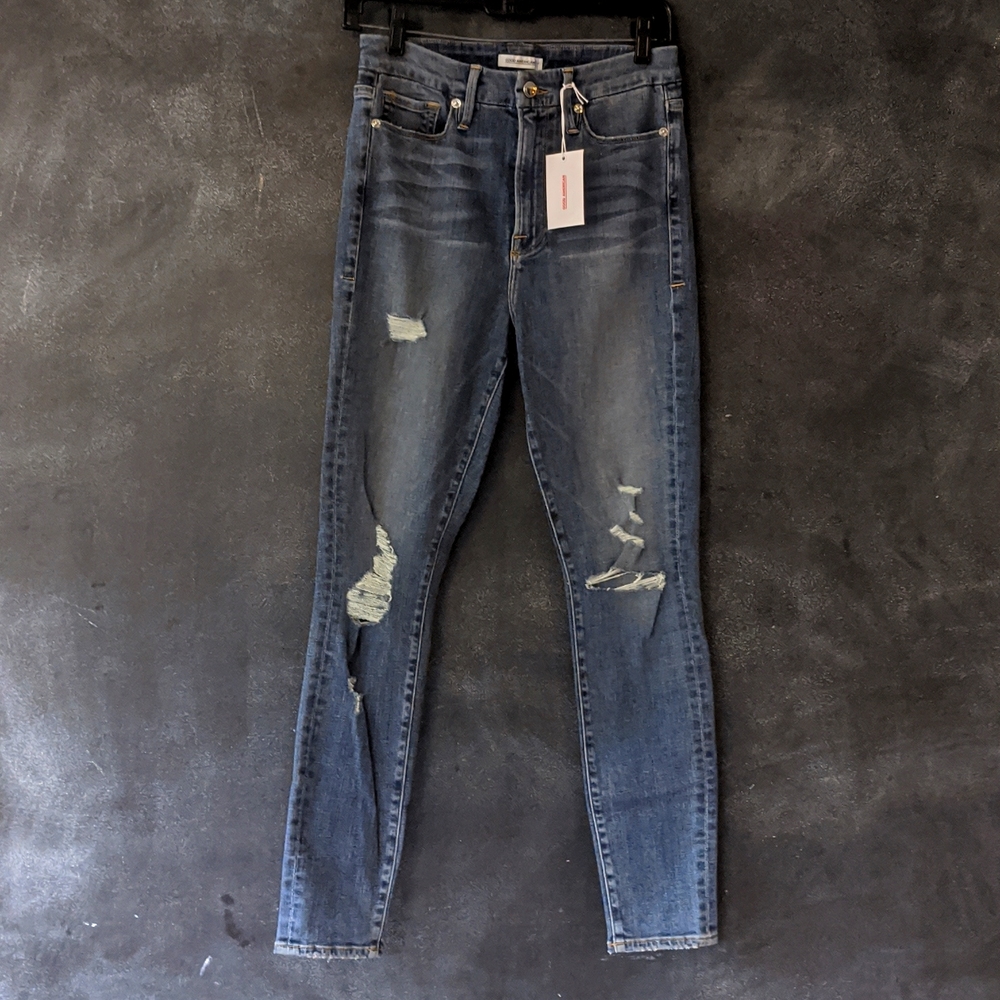 NWT Good American Good Waist Ripped High Waisted Jeans Medium Wash Blue026 Sz 28